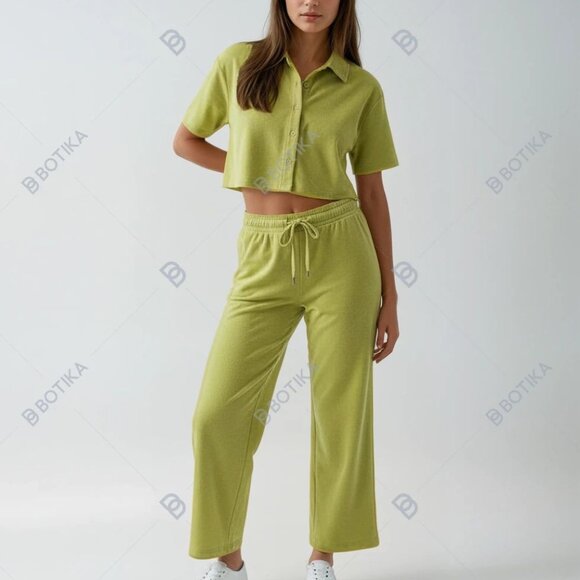 $156 NWT ANDIE terry cloth SET crop pants + cropped button up top M HONEYSUCKLE - Picture 1 of 12